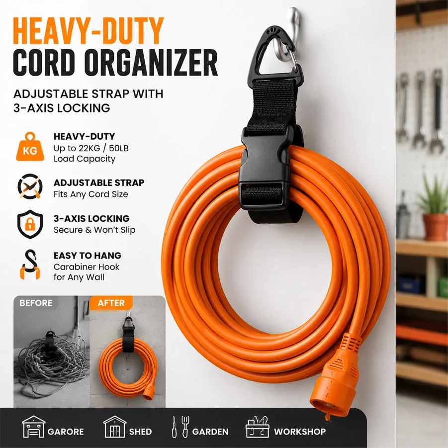 6/1Pcs, 3-Axis Lock Reusable Cable Organizer Straps, Black Adjustable Ties for Extension Cord Garden Hose Garage Tool Storage