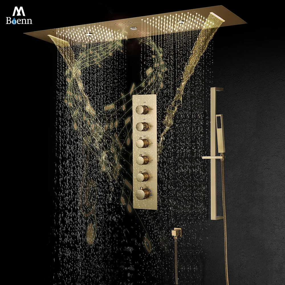 M Boenn 35*12 Inch Brushed Gold Music LED Shower Head Bathroom Rainfall  Shower System Set Thermostaic Concealed Diverter Mixer