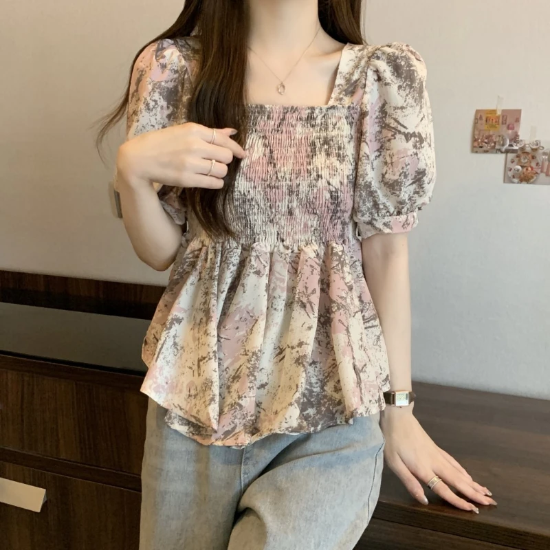 Summer New Sweet Short Pleated Shirt Tops Square Collar Floral Print All-match Fashion Short Blouse Elegant Korean Women Clothes