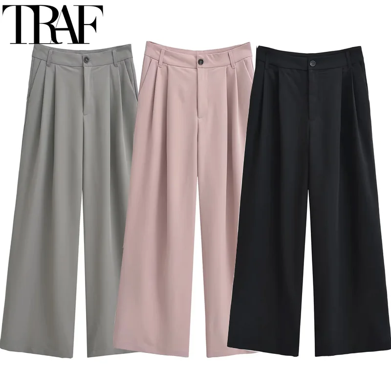 TRAF Women\'s Trousers Baggy Wide Leg Pants Women High Waist Pleated Gray Blackpink Pants Autumn Casual Office Pants Woman