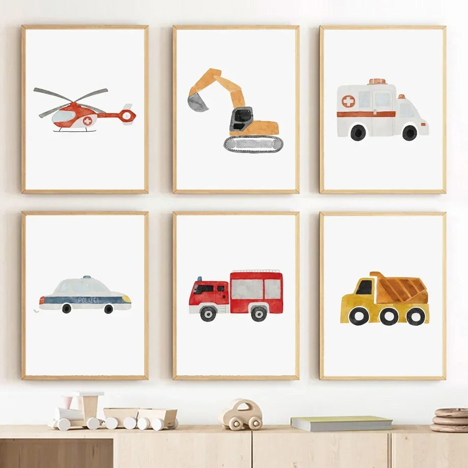 Nursery Wall Art Children's Prints Cartoon Car Ambulance Helicopter Fire Truck Poster For Kids Room Baby Decor Canvas Painting