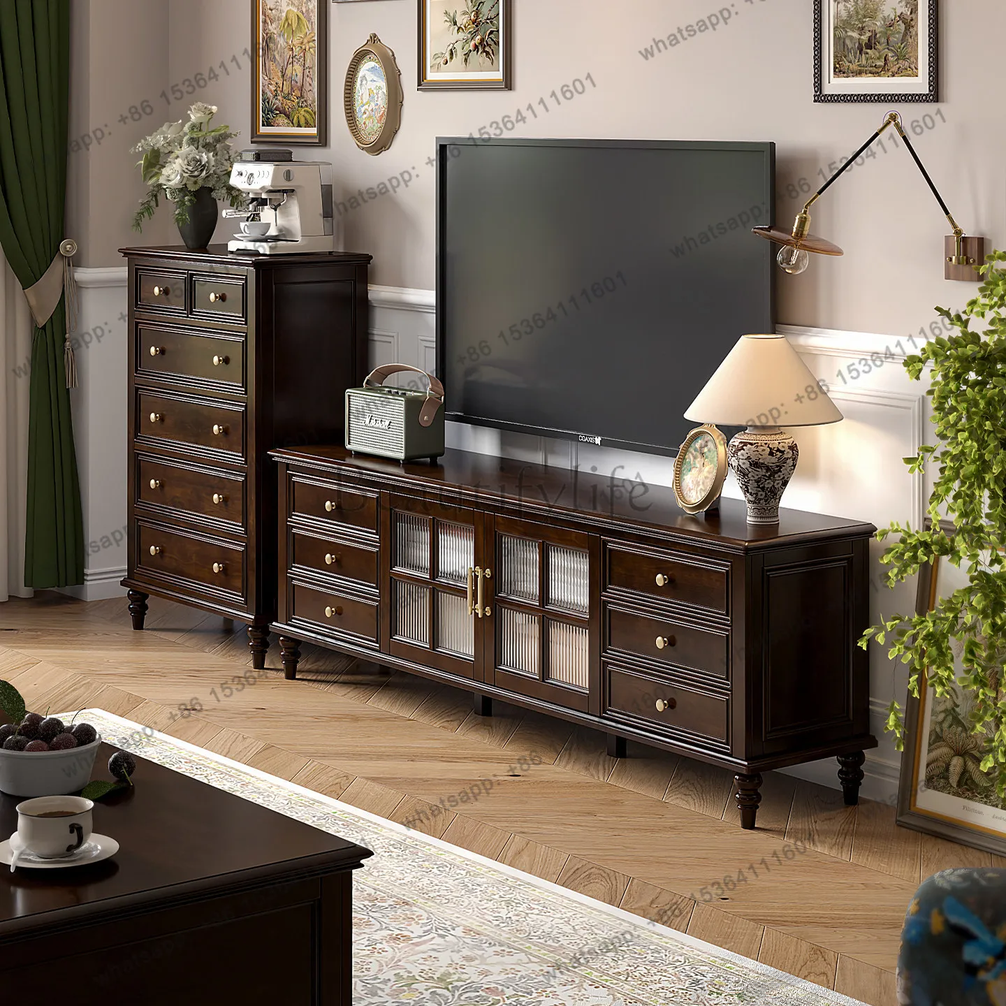 American retro solid wood TV cabinet home multi-draw storage floor-to-ceiling low cabinet