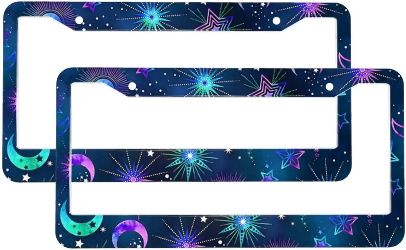 2 Pcs Colorful Neon Galaxy Moon Car License Plate Frame Front Rear License Plate Car Tag Framefor Women Girl Men Vehicles