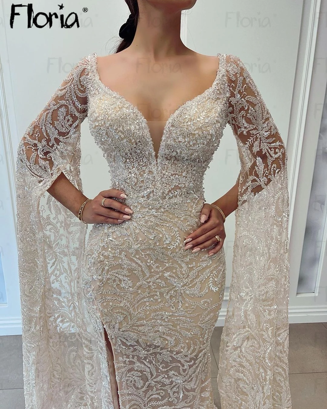 

Beige Long Cape Sleeve 2024 Evening Dress O Neck Long Prom Dresses Arabic Wedding Night Gowns