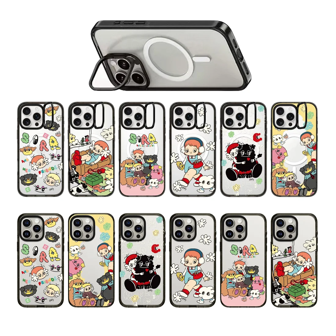 

Cartoon Friends Camera Stand Black Acrylic Border Magnetic Case: Compatible with IPhone 12 13 14 15 16 Pro Max