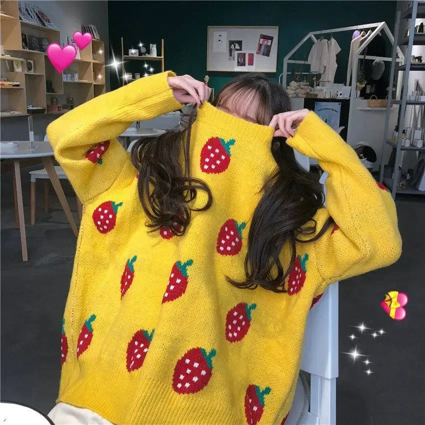 Sweaters Women Kawaii Strawberry Printed Girls Knitted High Quality Warm Thick Soft Sweet  Pullover All-match Loose 2XL HOT