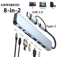 8-in-2 USB Type-C Hub 3.0 Multiport Adapter with SD/TF Card Reader Splitter Docking Station for MacBook Laptop Tablet Phone PC