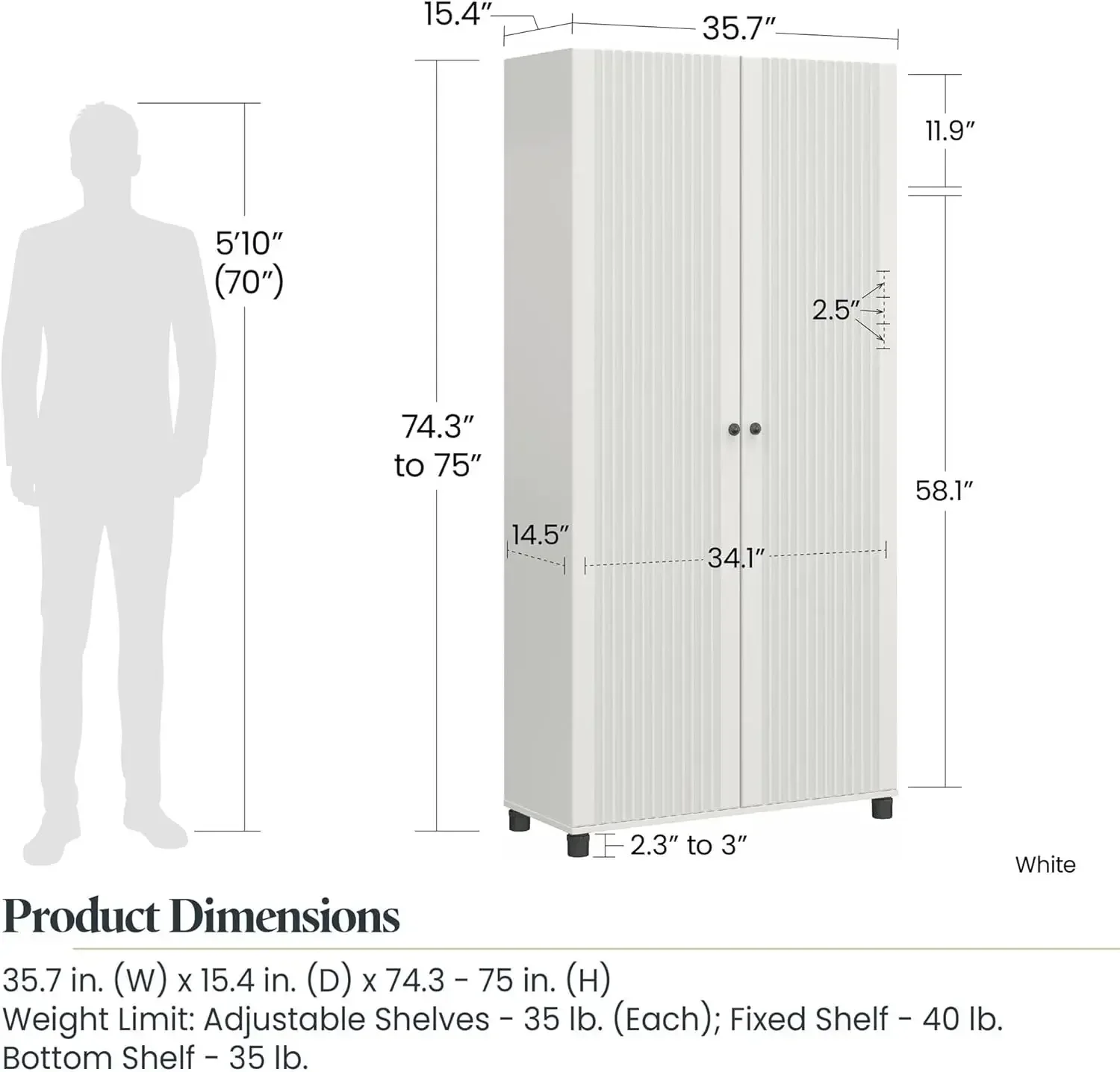 Evolution Kendall 36" Wide 2 Door Storage Cabinet, Fluted White