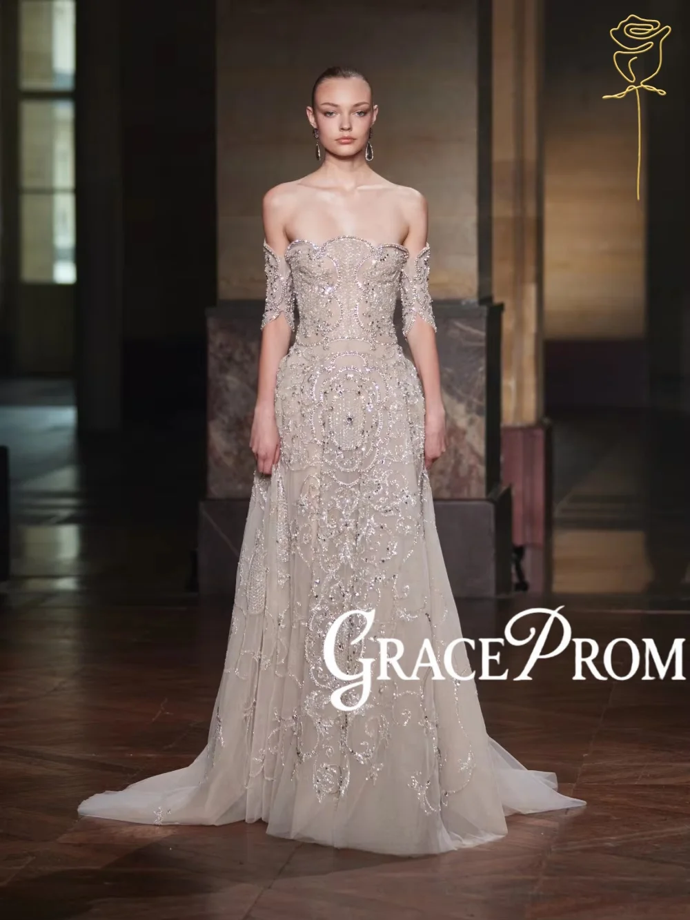 

Captivating Beaded A-line Long Evening Dress Exquisite Strapless Off Shoulder Wedding Party Gowns Customized New Banquet Gowns