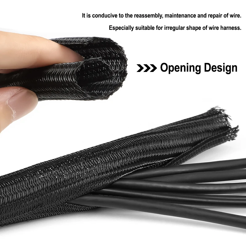2/10m Black PET Braided Self-Closing Cable Sleeve Dia 3mm ~ 50mm Wear Resistant Insulated Wire Organizer Cable Management Sheath image 4