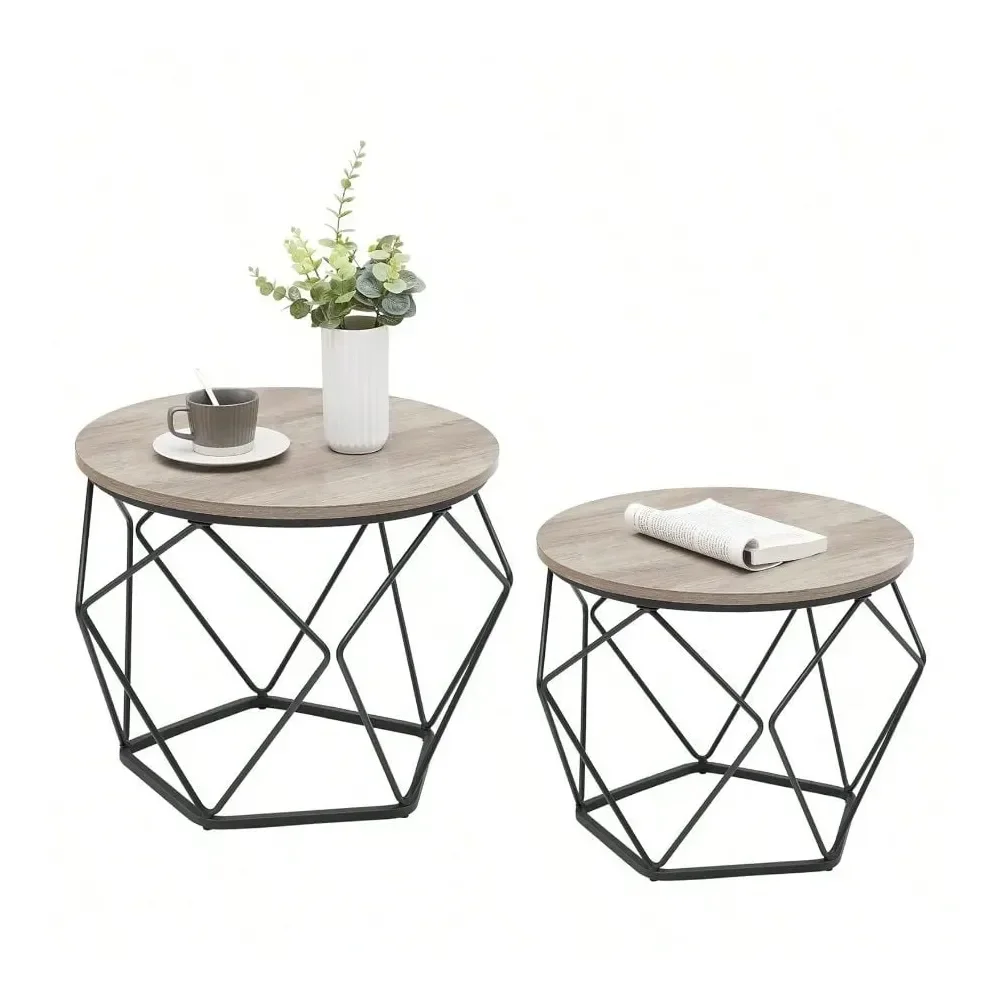 

Small Coffee Table Set Of 2, Round Coffee Table With Steel Frame, Side End Table For Living Room, Bedroom, Office