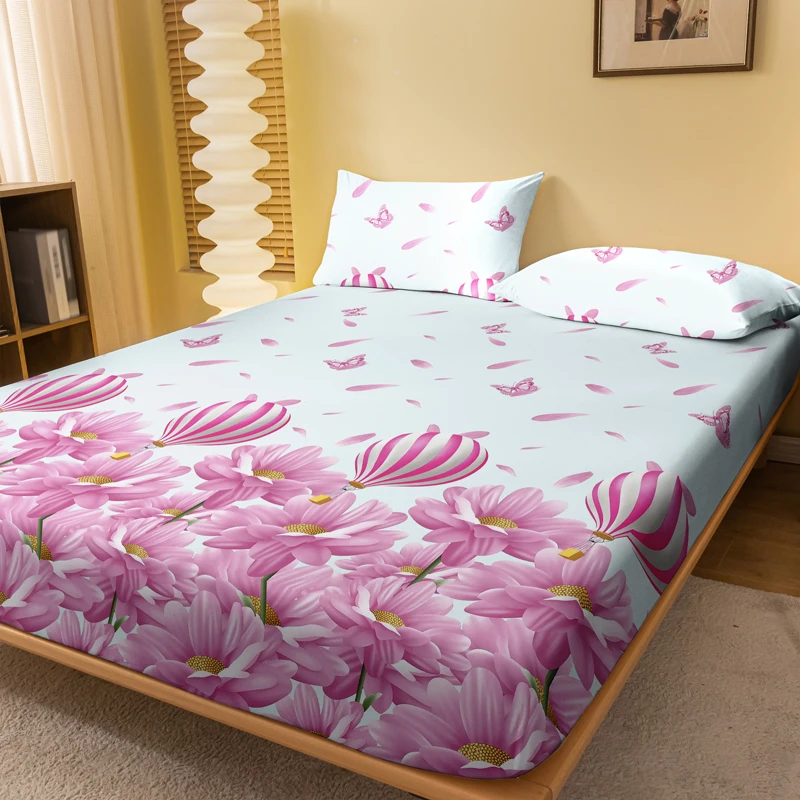 

1 Simple Modern Flower And Balloons printed matte Fitted Sheet, bedroom printed bed cover, bedding (excluding pillowcases)