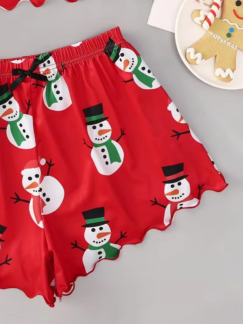 Conjunto de pijama feminino com estampa de boneco de neve de Natal, alça espaguete, gola redonda, top e shorts, 2 peças, roupa de dormir