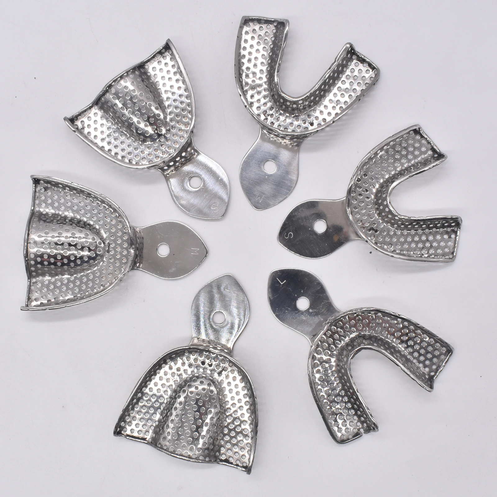 6pcs/set Dental Stainless Steel Impression Tray with Holes Upper Lower Teeth Holder Dental Impression Buckets Dental Tools