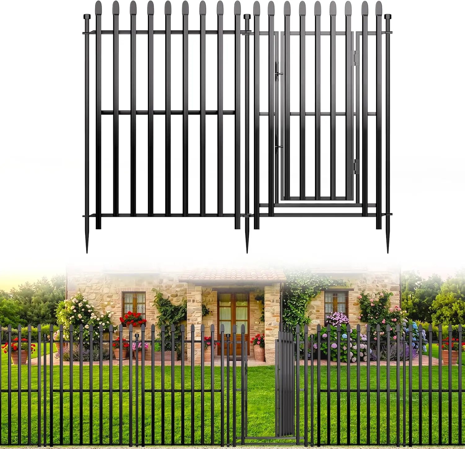No Dig Decorative Garden Fence, 48in(H) x 17.6ft(L), 8 Panels with Gate | Heavy-Duty Rustproof Metal Panels, Outdoor Dog