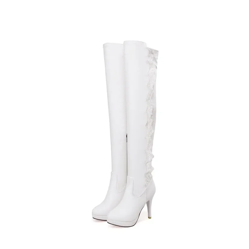 winter The New fashion Round head Fine heel Over the knee Boots Night club Lace Sexy Plus velvet Keep warm High heel Women boots