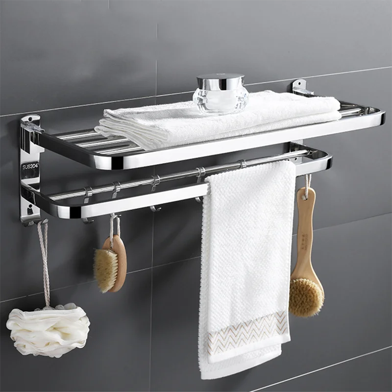 

Towel Shelf Punch-free Folding Storage Rack Movable Stainless Steel Polished Bathroom Shelves Organizer Shampoo Holder with Hook