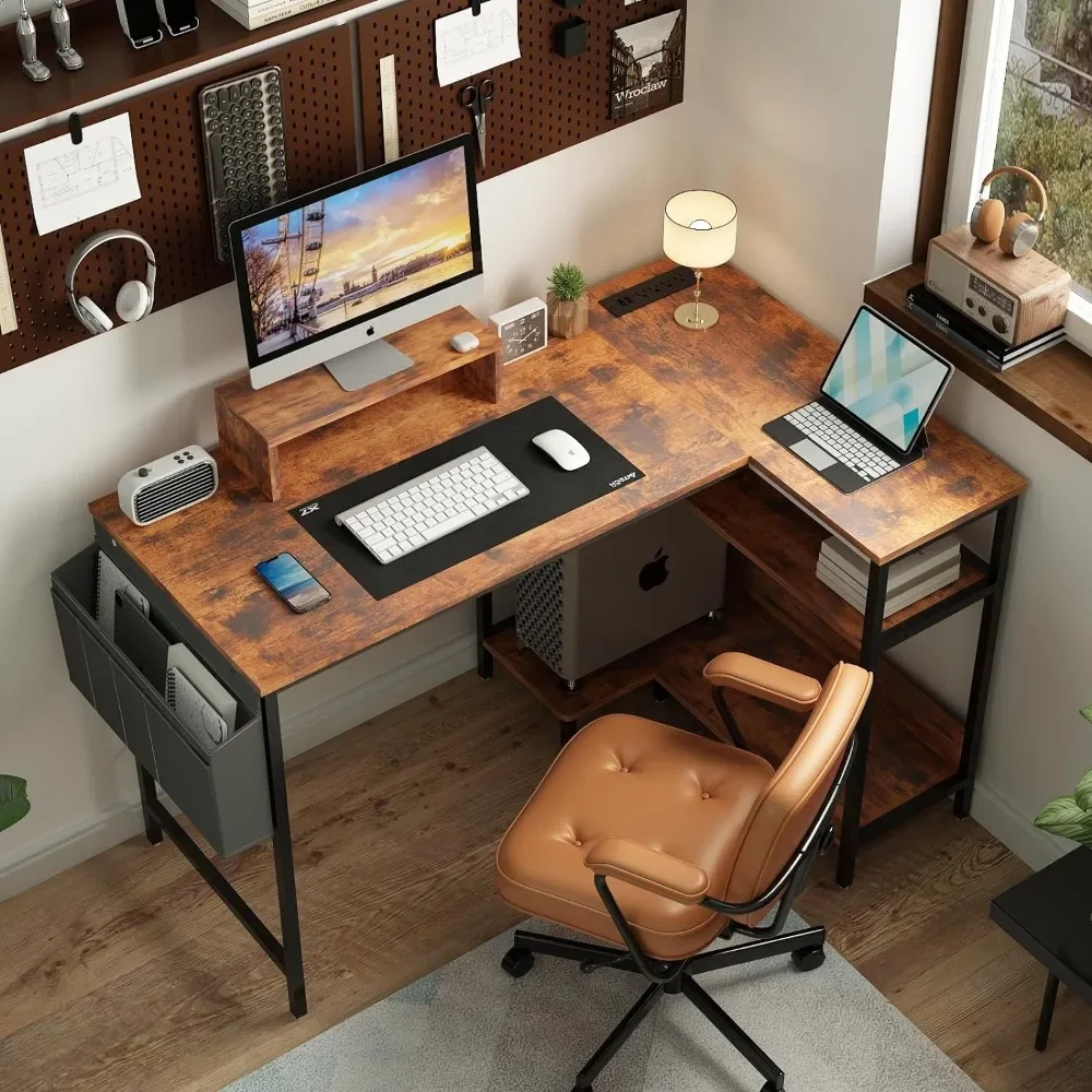 OEING-L Shaped Computer Desk, Tomadas e Portas USB, Home Office com Suporte para Monitor, Canto, 47"