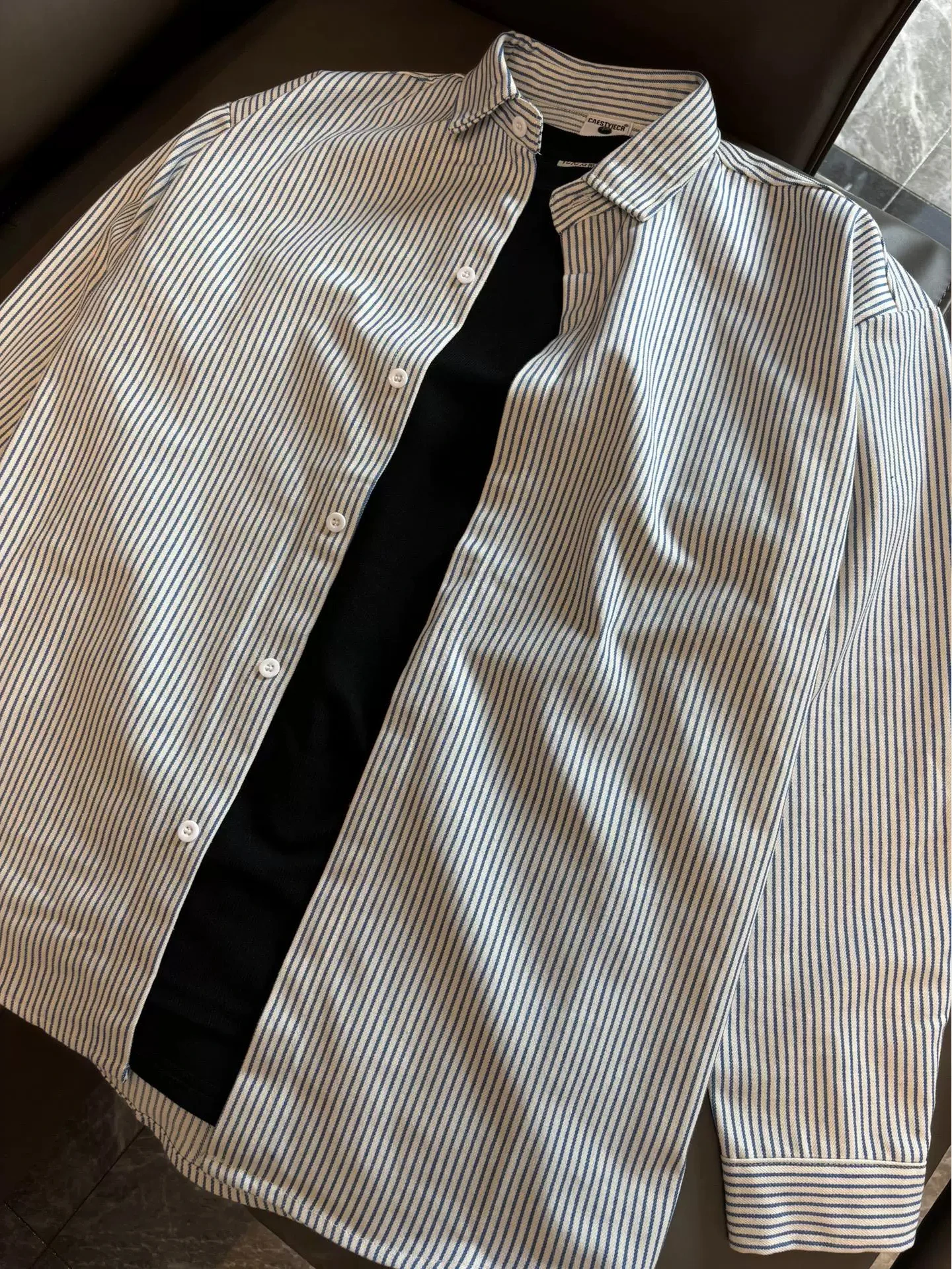 

Мужская рубашка свободного кроя в сине-белую полоску в винтажном японском стиле, повседневная, с отложным воротником, для весны