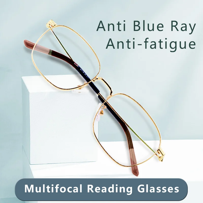 Men's Progressive Multifocus Reading Glasses,Anti-blue Light Metal Presbyopia Eyeglasses Hard & Multi-coated Lens