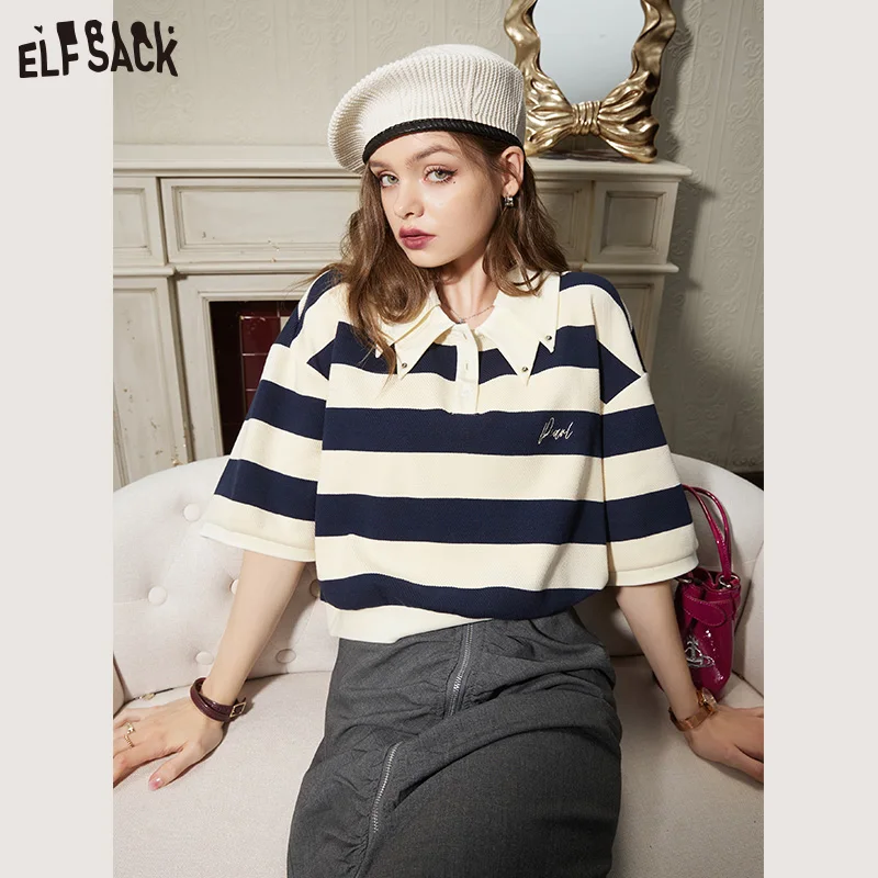 ELFSACK Striped Panelled Short T-Shirts Women 2023 Spring/Summer Short Sleeve Basic Daily Tops