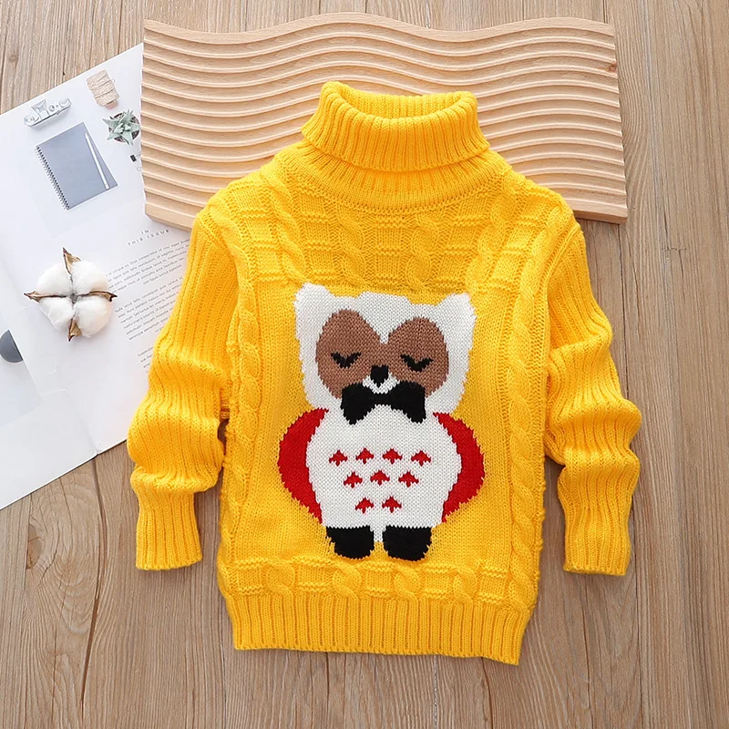 

New 2025 Autumn Winter Boys Girls Turtleneck Knitted Sweaters Tops Children's Cartoon Owl Jacquard Pullover Sweater Clothing