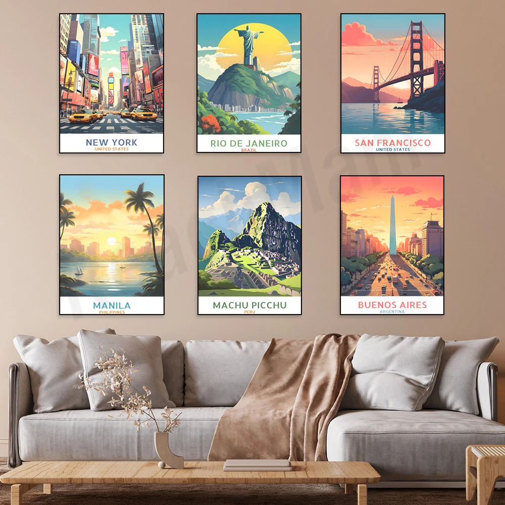 Andes mountains, Havana, Manila, Rio de Janeiro, Peru, Hawaii, Chichen Itza, Argentina, Arizona, Washington DC travel posters