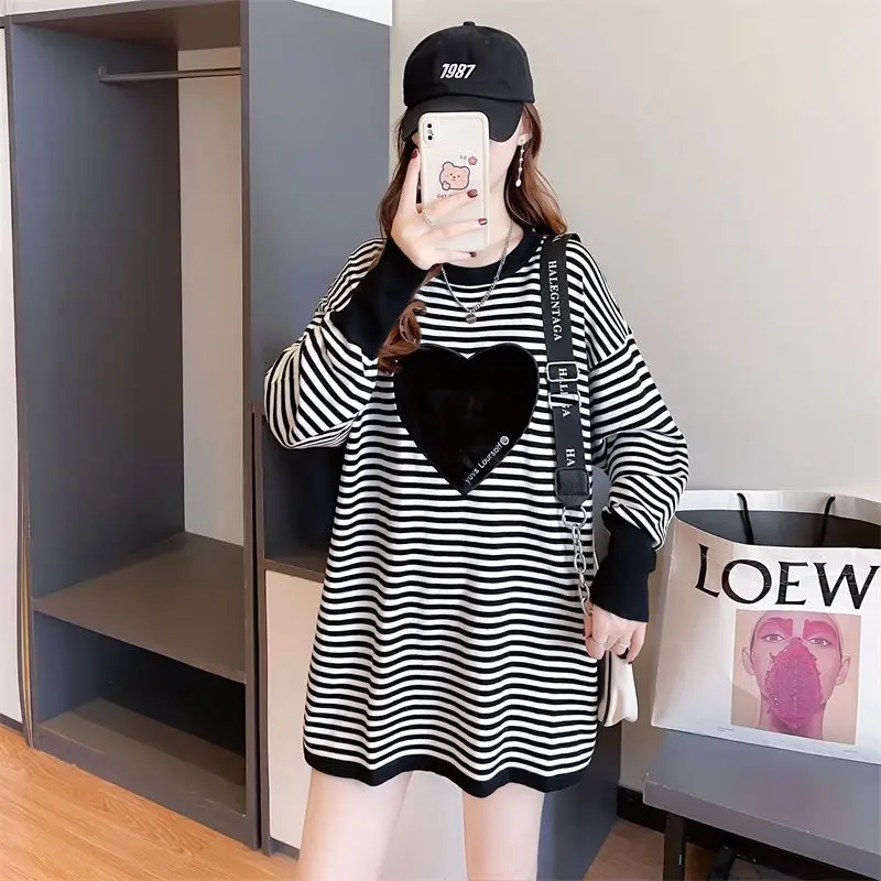 

Round Neck Pullovers Black Autumn and Winter Long Female Top Cold Baggy Warm Striped Loose Women's Sweatshirts Thick Xxl New In