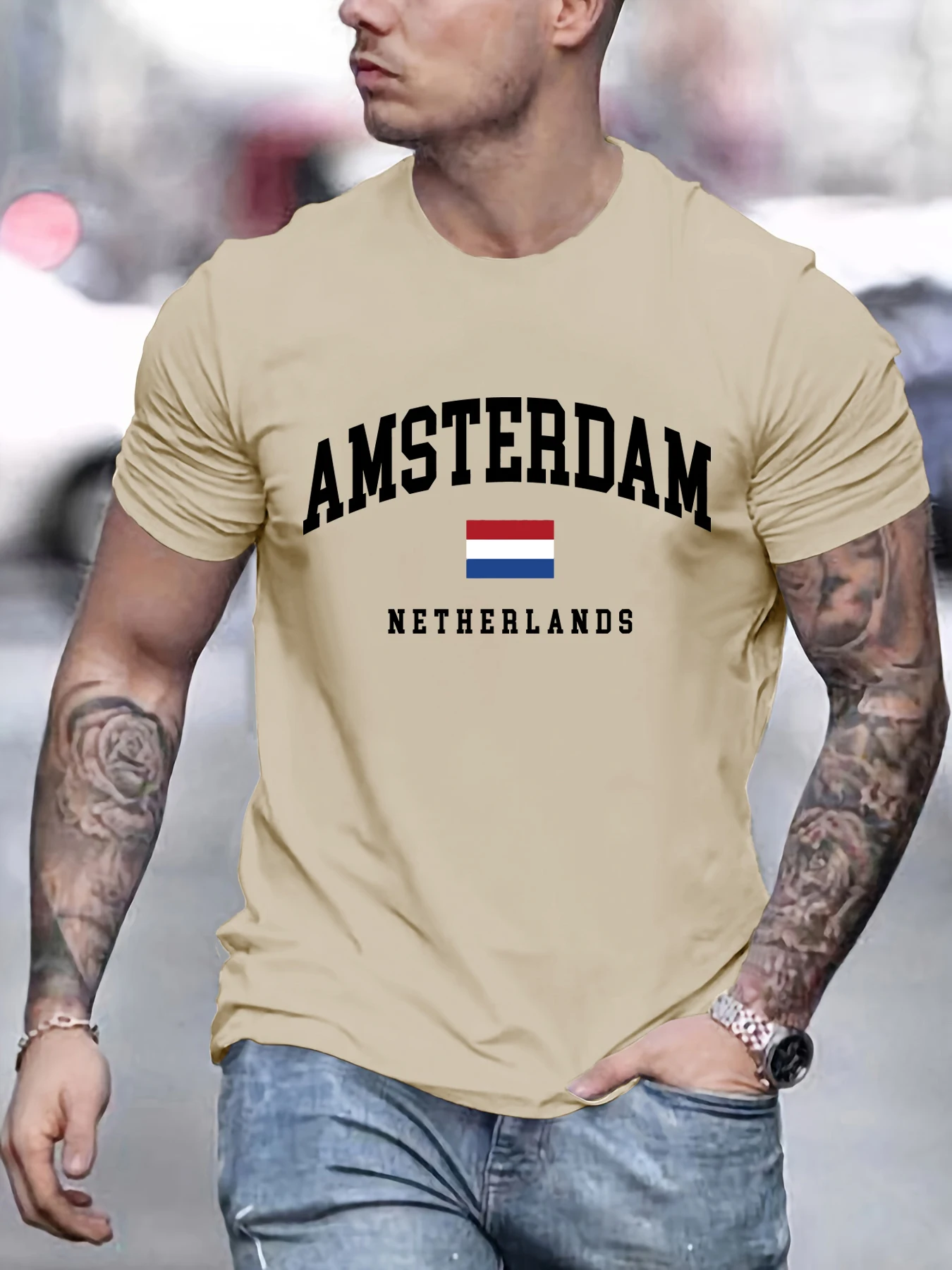 Camiseta con estampado de bandera de Países Bajos de Amsterdam, camisetas de algodón con cuello redondo para hombre, ropa suave holgada, combina con todo, manga corta para hombre