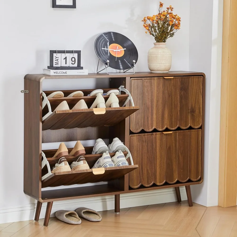 Freestanding Narrow Wood Shoe Cabinet with 4 Flip Drawers for Entryway Storage