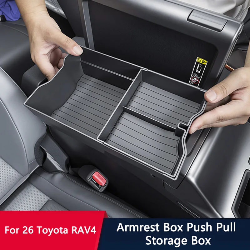 QHCP Car Armrest Storage Box Double-layer Sliding Armrest Box ABS Push Pull Compartment Organizer Tray Fits For Toyota RAV4 2026