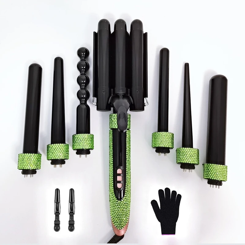 مبيعات STLFHot بلينغ بلينغ الماس الديكور ماجيك قابلة للشحن بكرة الشعر الحديد 7 في 1 مجموعة عصا الشباك