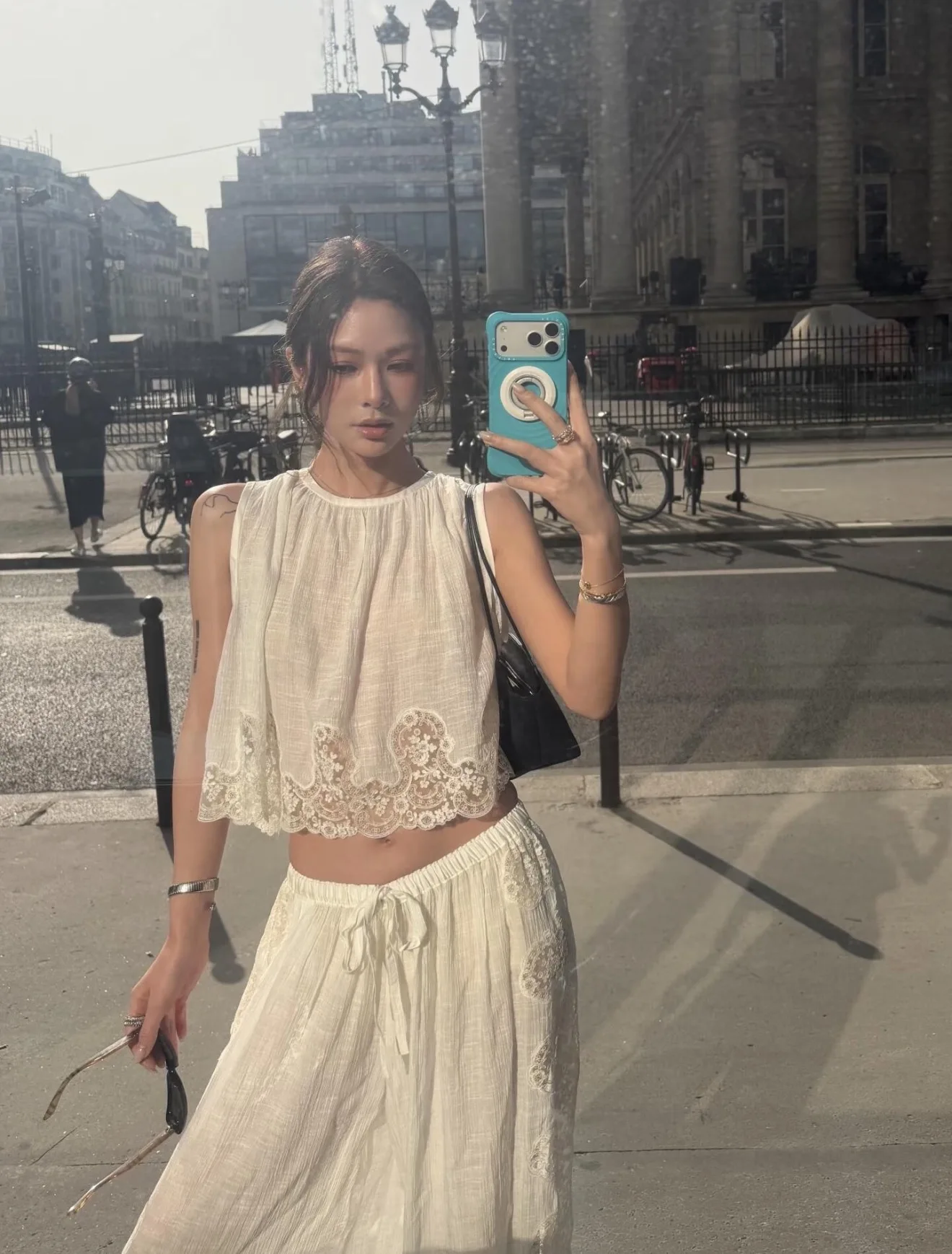 

Summer 2026 Women's Lace Splicing Lantern Pants Sleeveless Hollow out Vest Shirt Casual Style Breathable Cotton Moisture Wicking