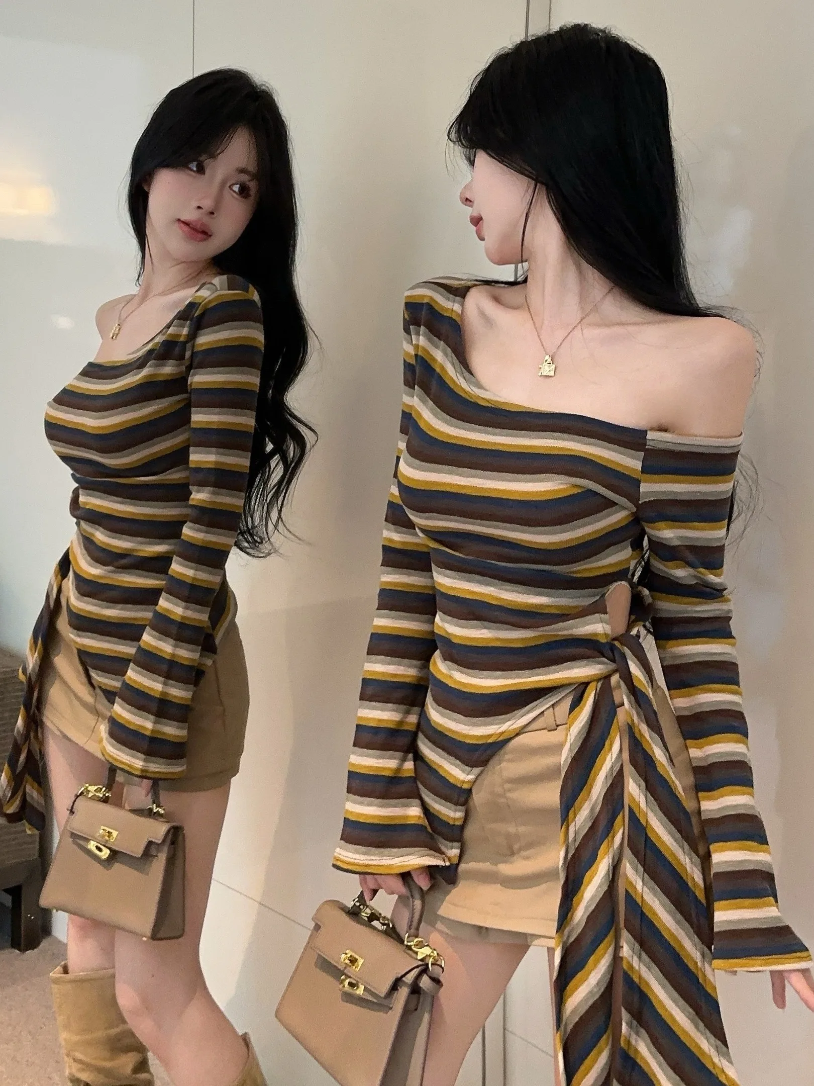 Camiseta Feminina Slim Fit com Listras Coloridas para o Início do Outono, Assimétrica, com Cinto, Manga Longa, Casual, de Algodão