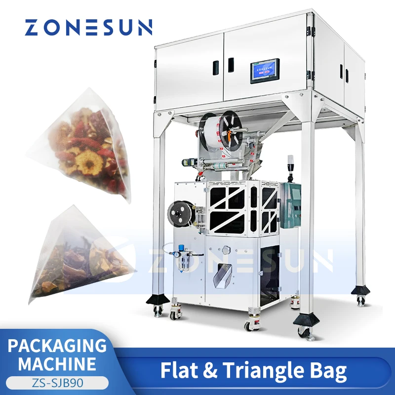 ZONESUN VFFS Pyramid Tea Bag Packing Production Machine Vertical Form Fill Seal Tea Leaves Nylon Pouch Filling Sealing ZS-SJB90