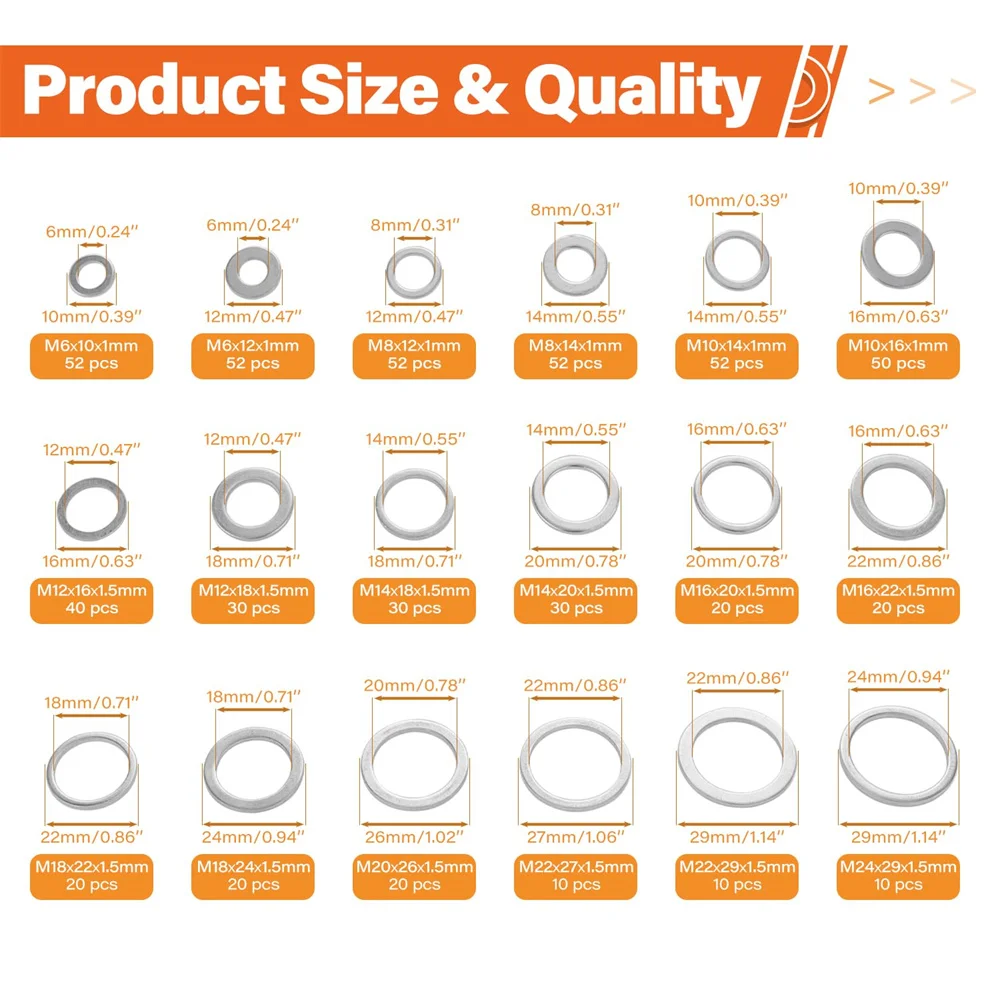 570pcs Aluminum Flat Washers Assortment Kit,Oil Drain Plug Gaskets,Oil Crush Washers, M6 M8 M10 M12 M14 M16 M18 M20 M22 M24