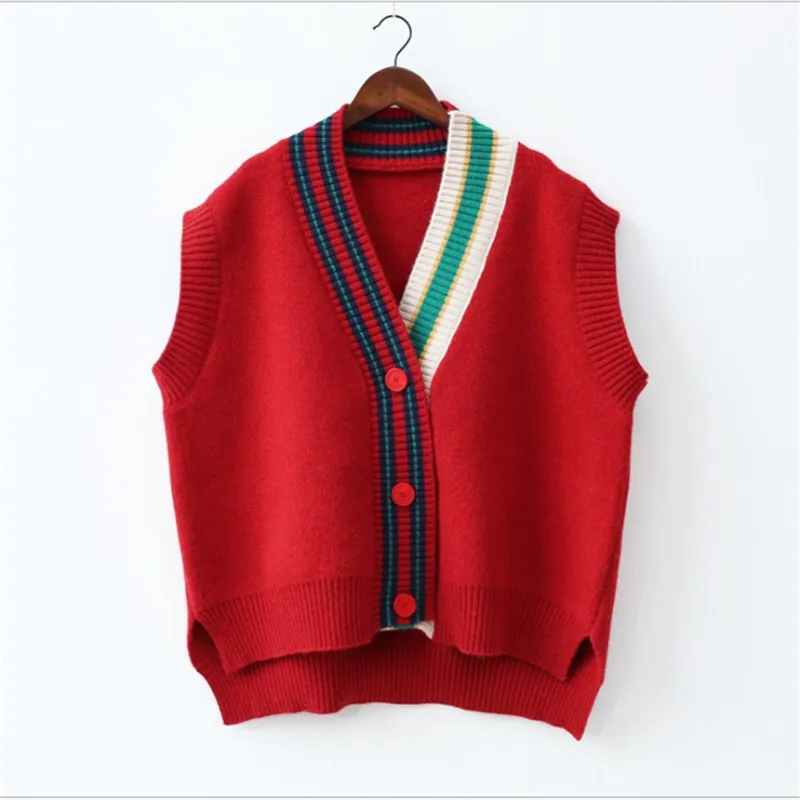 2023 Female Fashion Loose Vest V-neck Button Sweater Open Stitch Casual Striped Cardigan