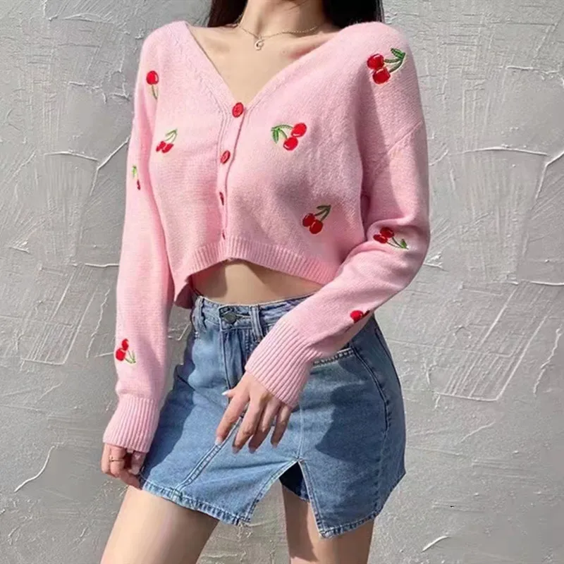 Lovely cherry girl heart pink short coat female spring and autumn new slimming long-sleeved sweater top