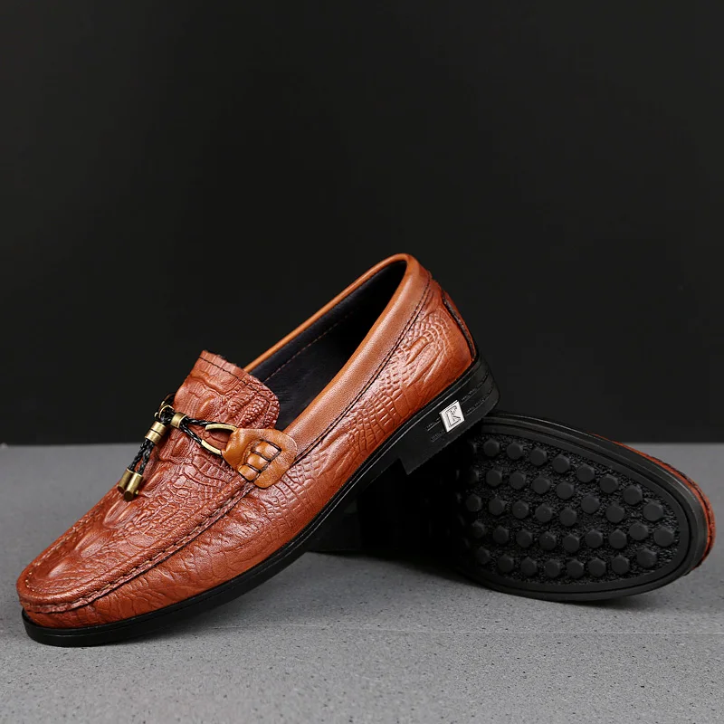 Genuine Leather Men Loafers Crocodile Pattern Slip on Shoes Handmade Business Male Casual Shoes Soft Moccasins Luxury Boat Flats