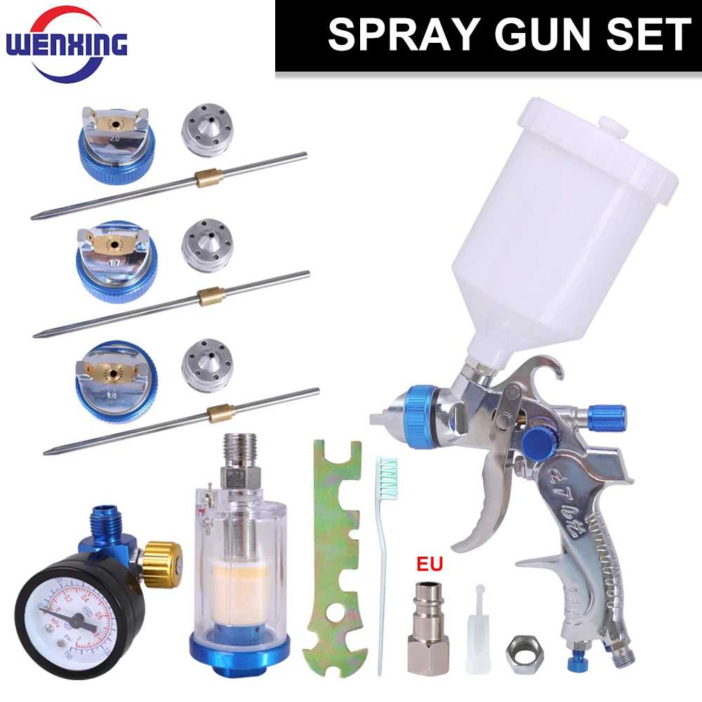 Professional HVLP Spay Gun 1.4/1.7/2.0mm Nozzle Gravity Airbrush +Pressure Regulator + Water And Oil Separator Set