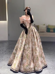 Gorgeous Strapless Evening Dresses Floral Print French Style With Bow Fairy Crystal A-line Prom Party Gowns Woman Vestido 2024