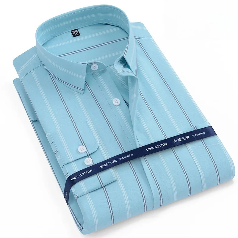 Men\'s Shirt Long sleeved Spring Autumn Oxford 100%Cotton Shirts Comfortable Breathable Business Casual Stripe Solid Color S-8XL