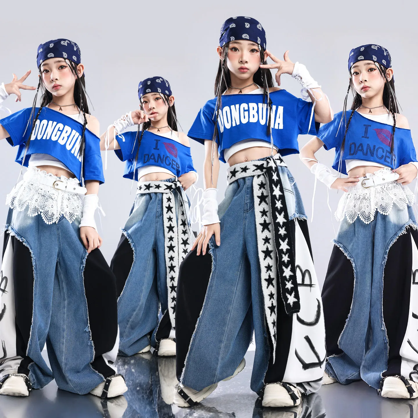 Kpop Dance Clothes Girls Performance Stage Wear Jazz Outfit Blue Crop Top Baggy Pants Children Street Dance Show Clothing 3910