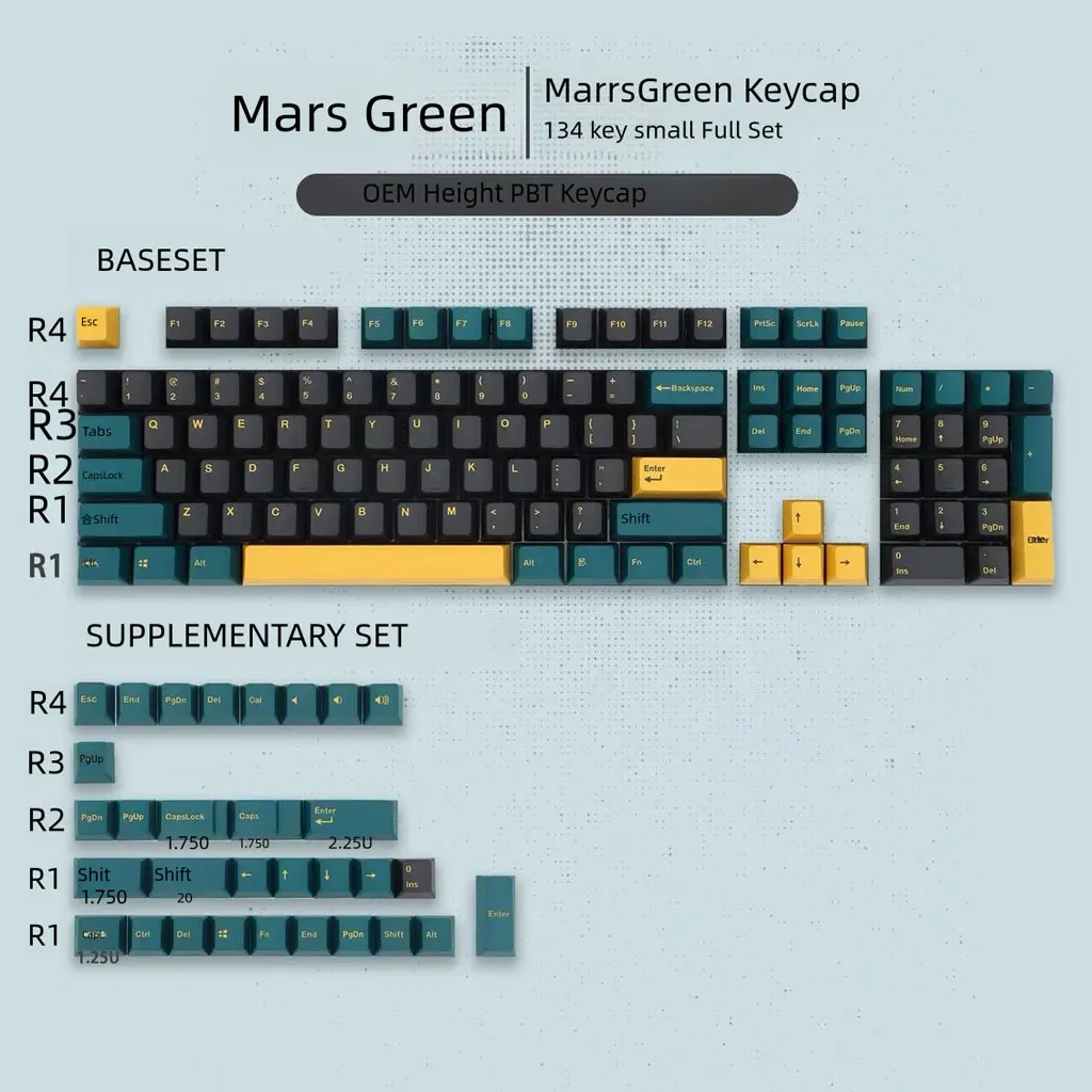 

134 клавиши, колпачки для клавиш с зеленой тематикой Mars, полный набор OEM, высота, PBT, термосублимация, сделай сам, для 61, 87, 98, 104, 108 клавиш, механическая клавиатура