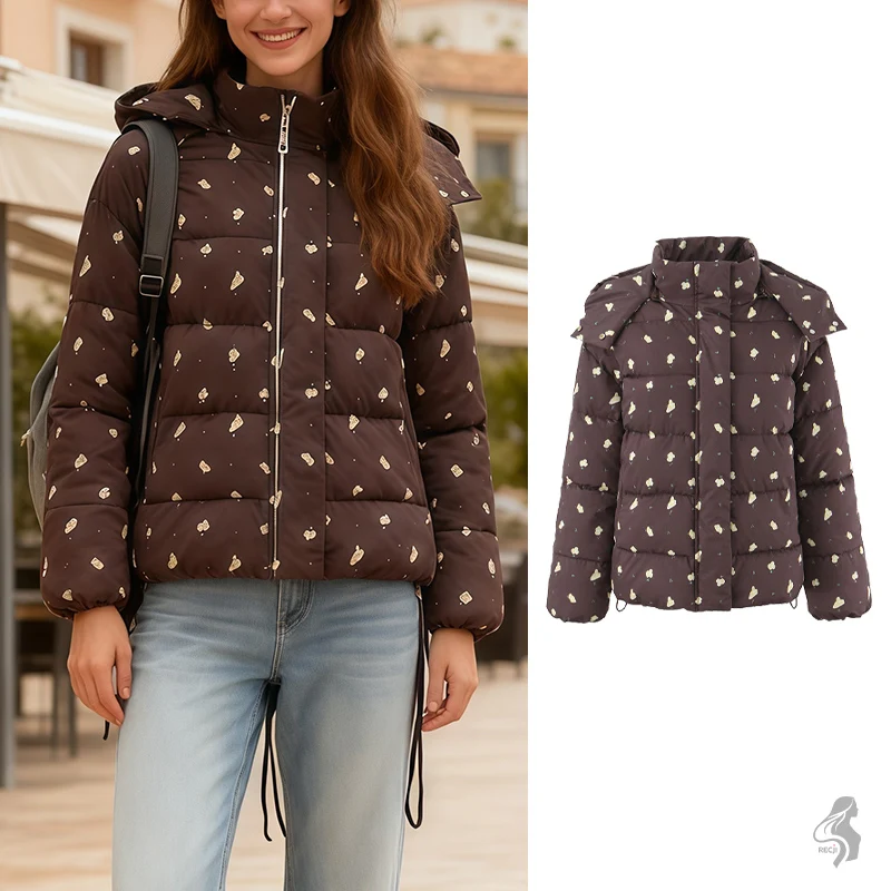 

Womens Fashion Hooded Cotton Jacket With Zipper And Print Stand Collar Hood Warm Women S Cotton Jacket Fashion Must Have