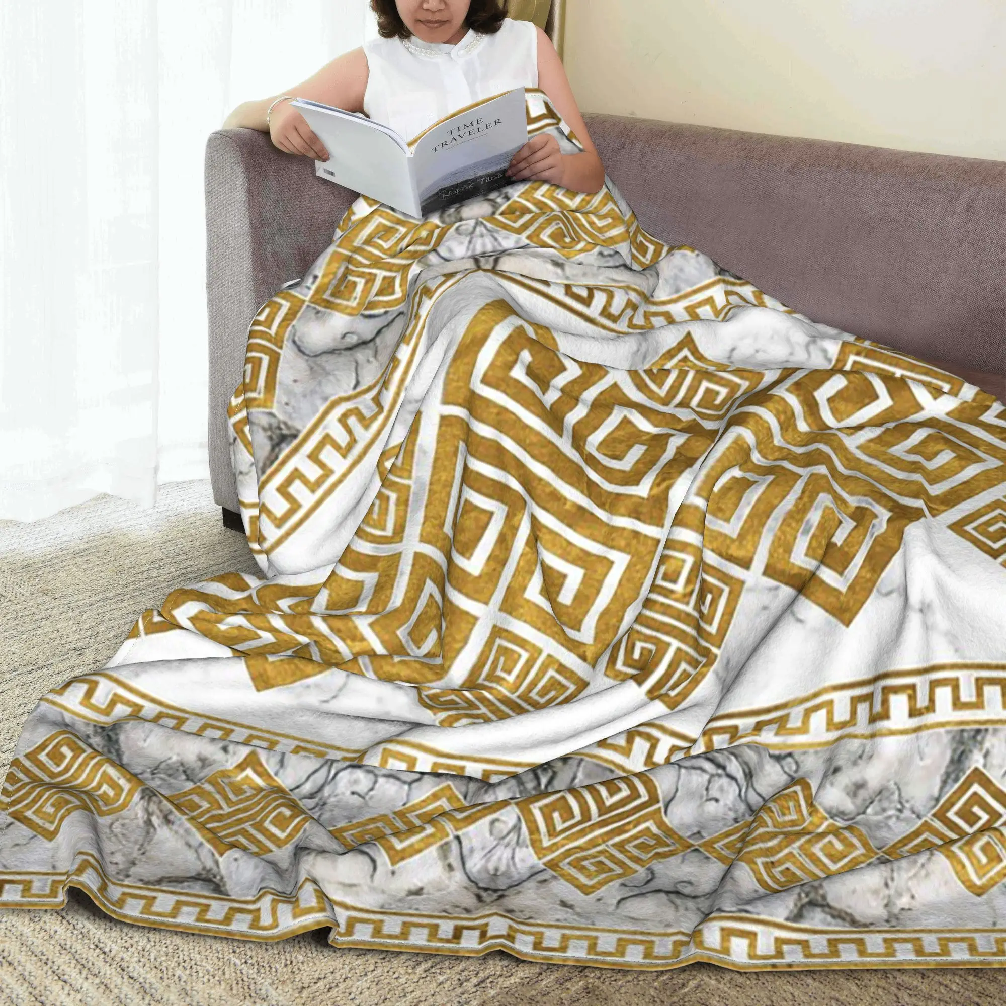 Greek Meander - Greek Key White Marble And Gold Blanket Lightweight Flannel Throw Blanket for Bedroom Travel Throws Bedspread