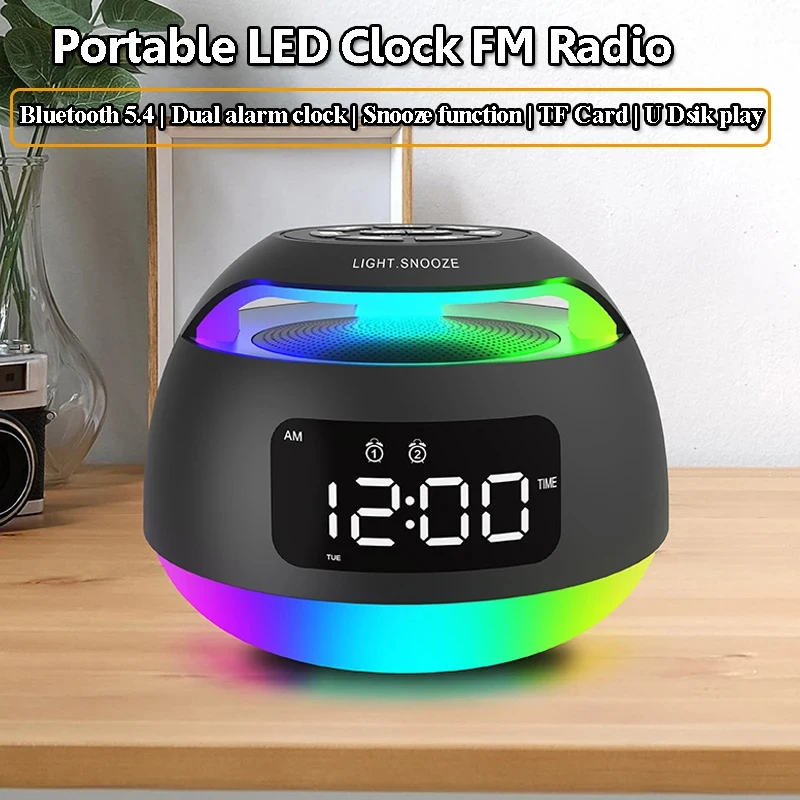 

Portable LED Clock FM Radio RGB Colorful Light Radios Receiver Wireless Bluetooth Speaker with Dual Alarm Clock Support TF USB