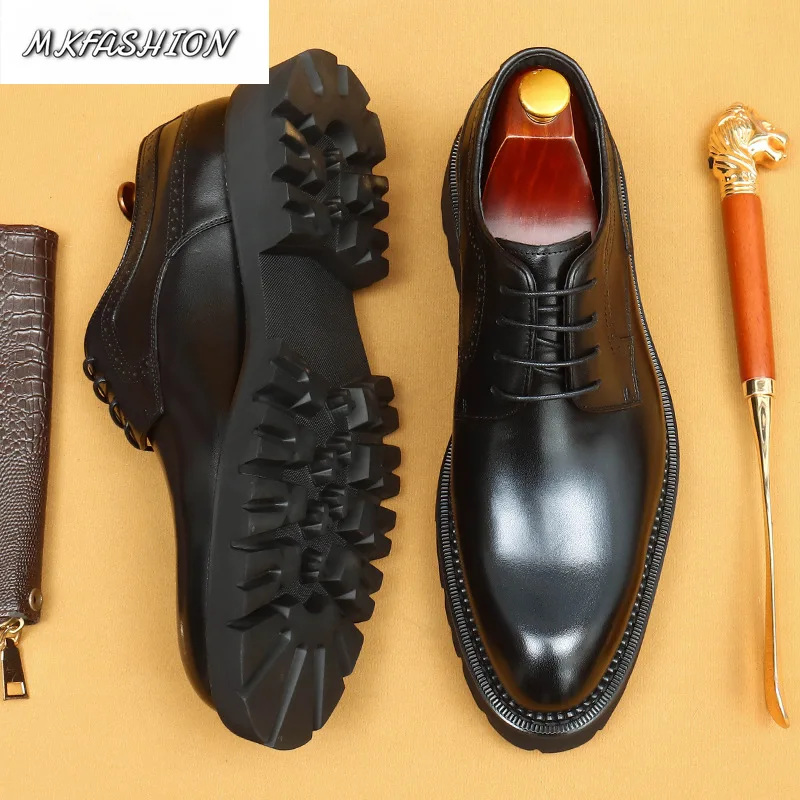 Men's Business Dress Shoes Genuine Leather Pointed Toe Lace Up Flats Thick Soled Footwear