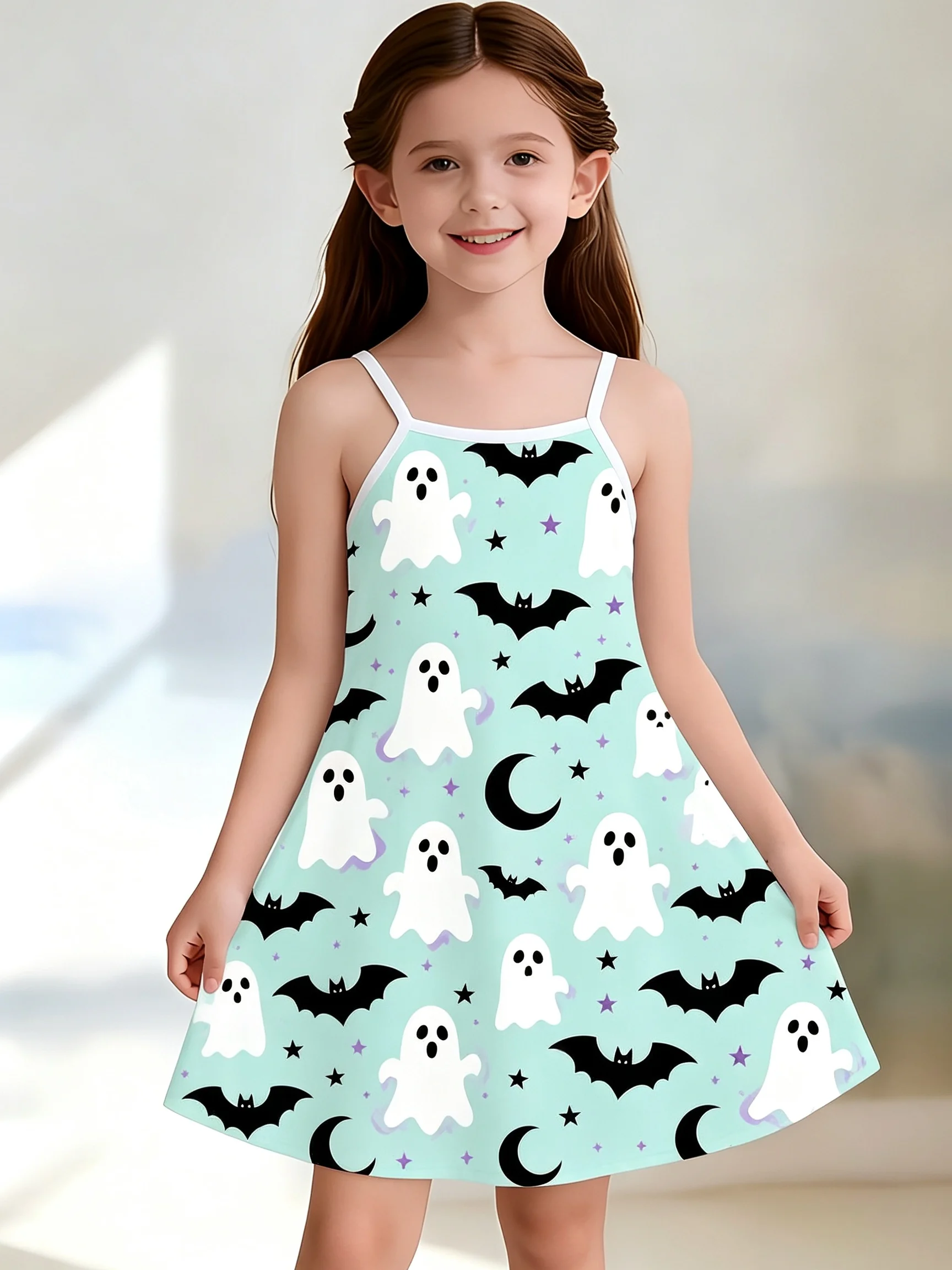 Girls Summer Thin Strap ALine Dress Halloween Pumpkin Ghost Bat Spider Web Star Print Casual Outfit for Holiday Party Daily Wear