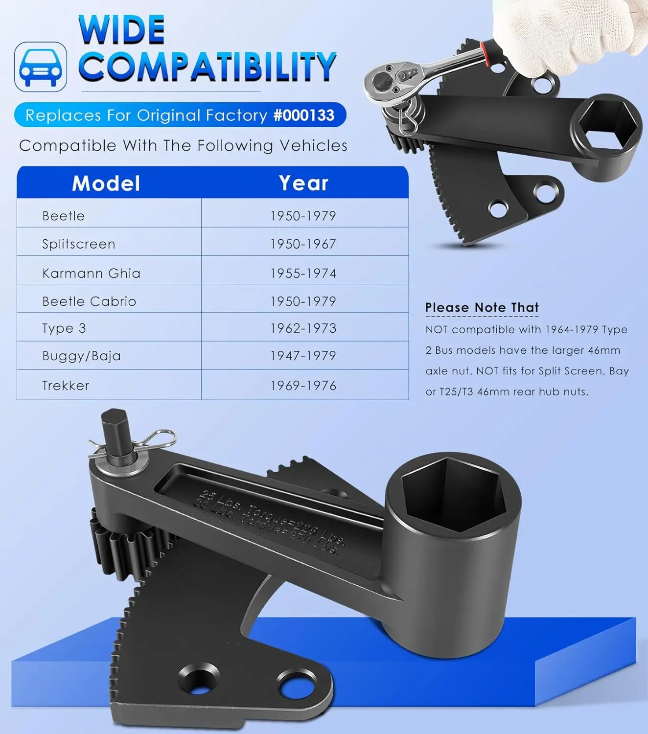 For Classic Vw Bug/Volkswagen Beetle, 000133 Torque Multiplier Leverage Tool Remove Install 36mm Axle Nut and Flywheel Gland Nut